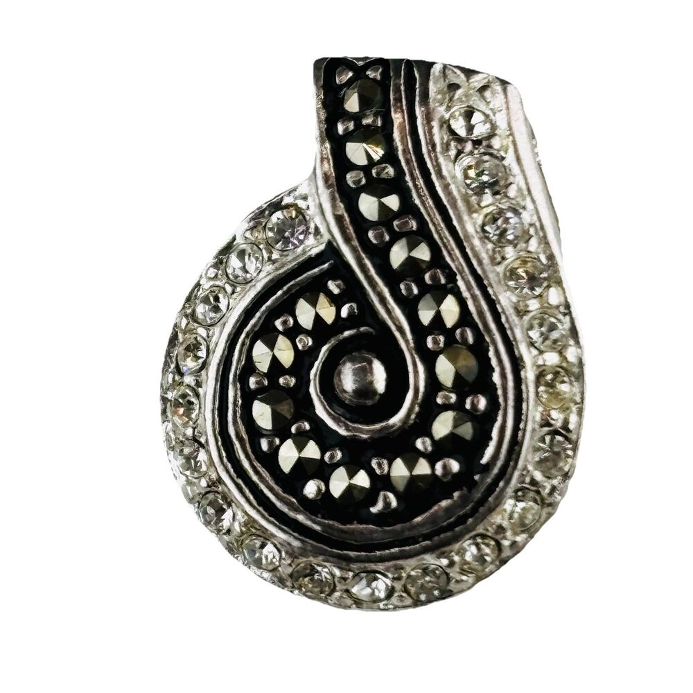 925 Sterling CZ Marcasite Swirl Pendant Signed CW .75"